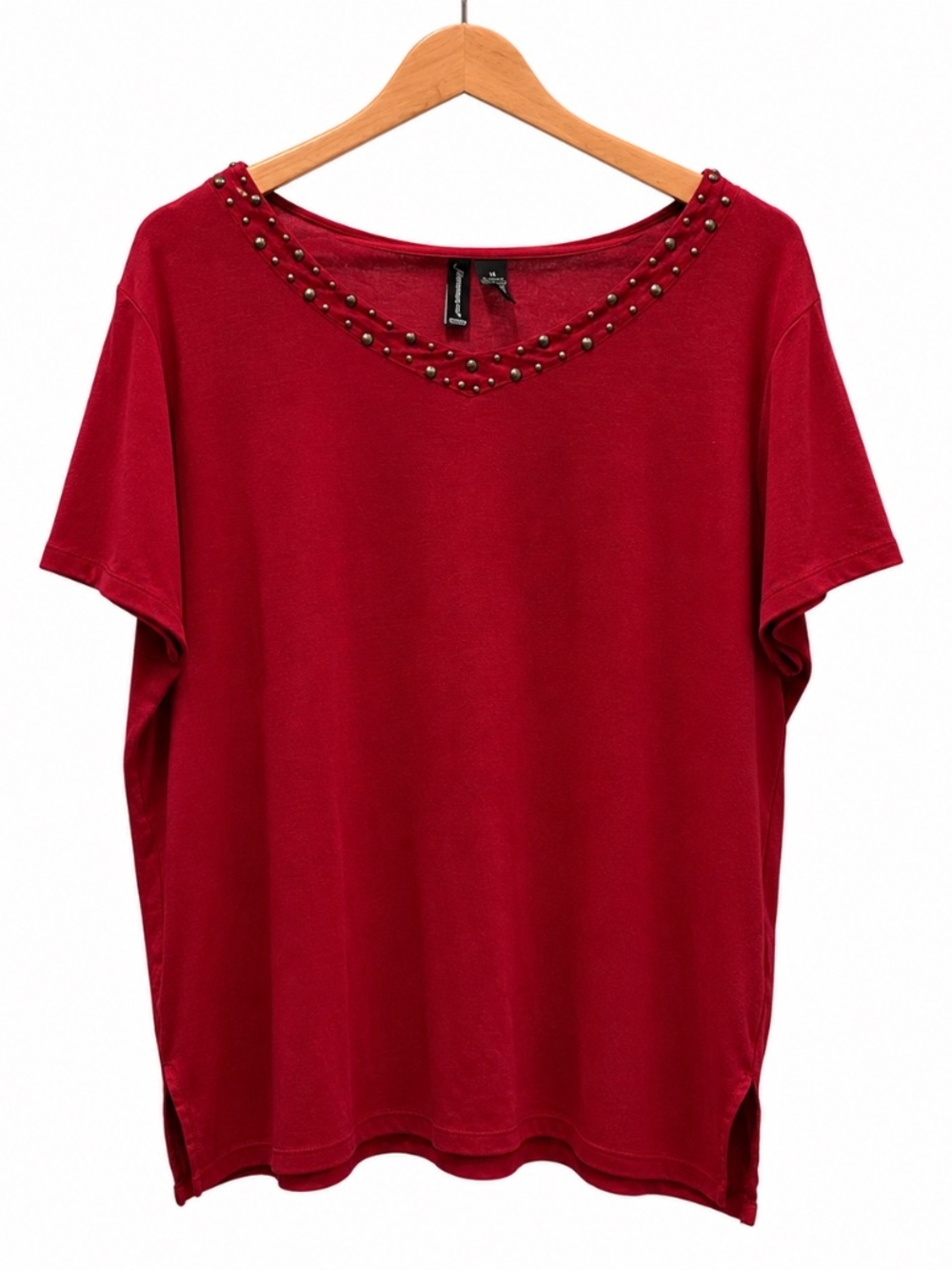 Jason Maxwell Red Studded Neck Short Sleeve Top Women’s 1X